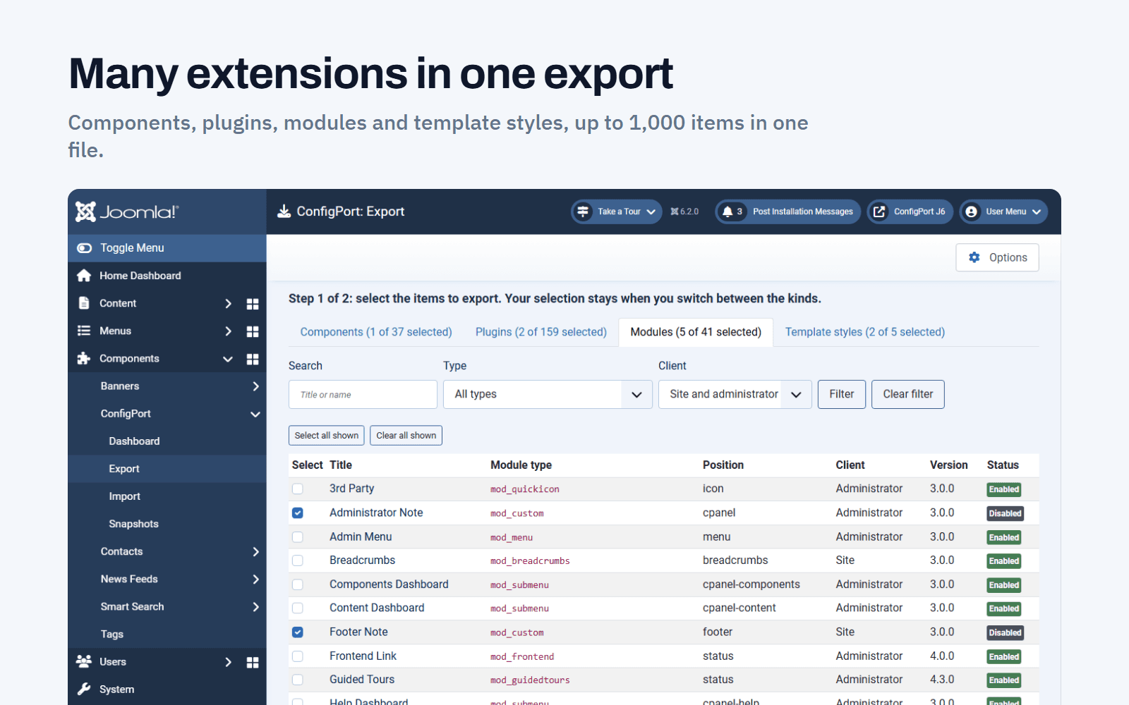 ConfigPort export list in Joomla 6 with components, plugins, modules and template styles ticked for one file
