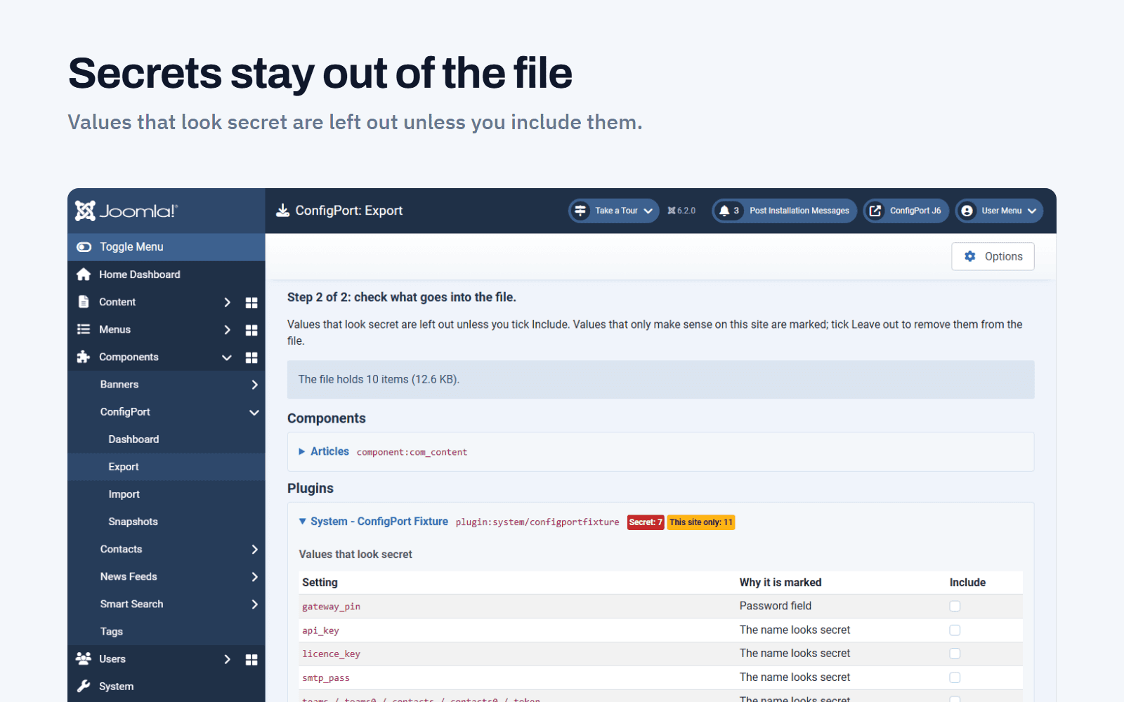 ConfigPort export check page that leaves values that look secret out of the file unless you include them