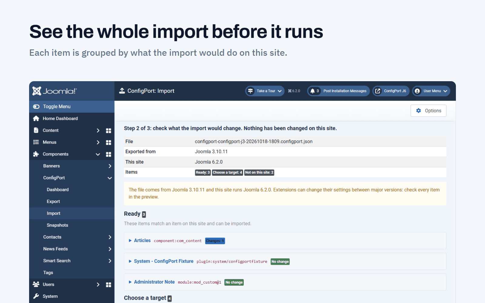 ConfigPort import preview of a Joomla 3 file on Joomla 6, with each item grouped by what the import would do