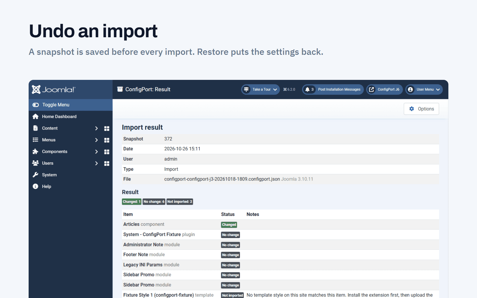 ConfigPort import result naming the snapshot saved before the import, from which the settings can be restored
