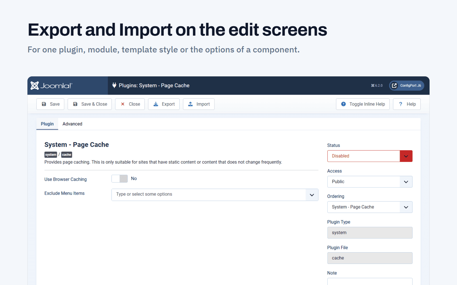 Joomla 6 plugin edit screen with the ConfigPort Export and Import buttons in the toolbar